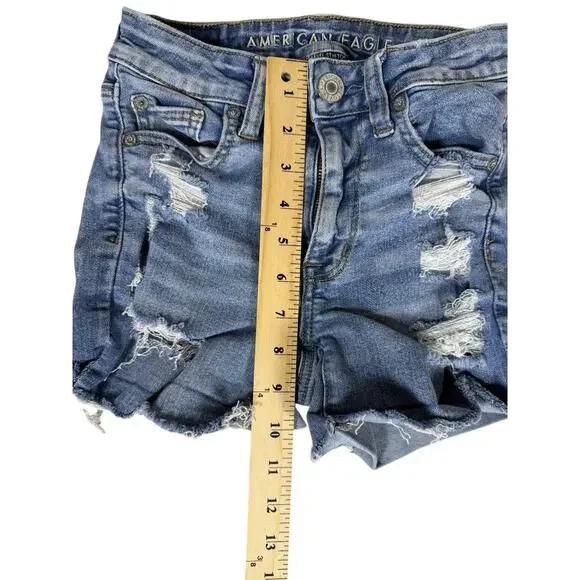 American Eagle Shorts women 00 Blue Hi-rise Shortie Ripped Denim - Picture 3 of 7